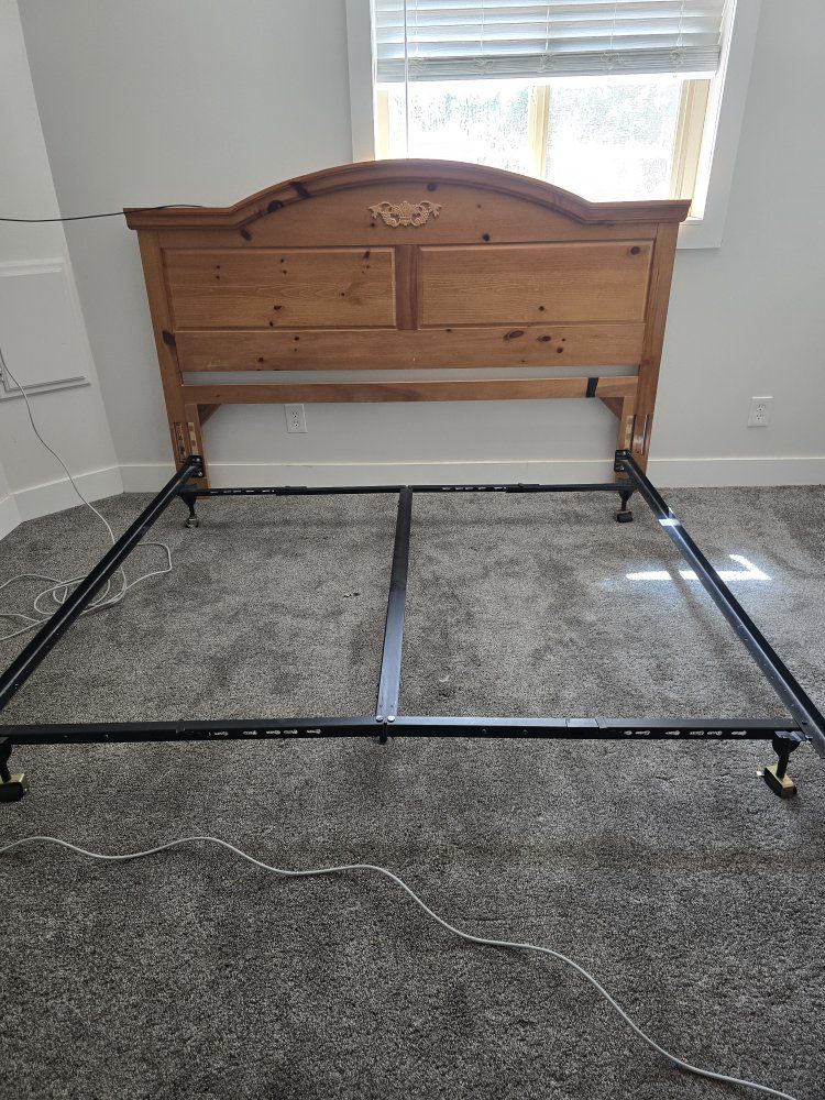Wooden Headboard with Decorative Carving and Metal Bed Frame king size frame