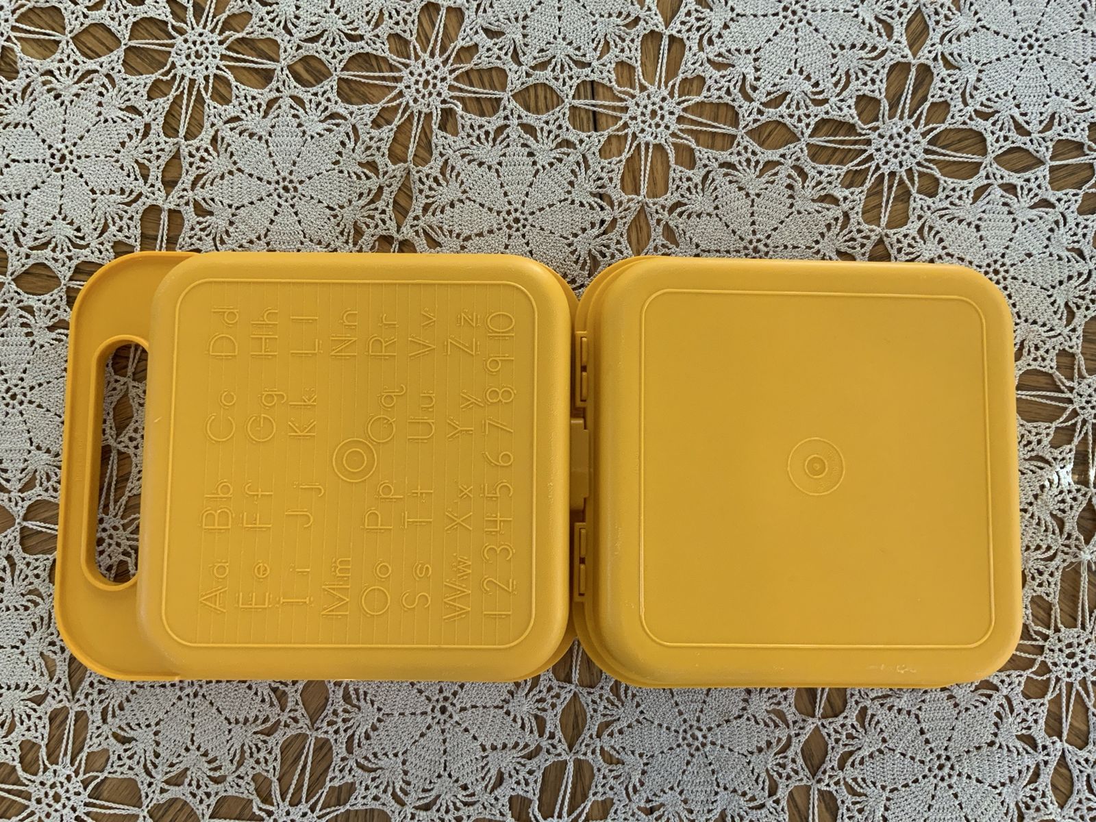 Vintage Tupperware Alphabet Lunch Box Yellow Picnic Container with Handle Letters Numbers