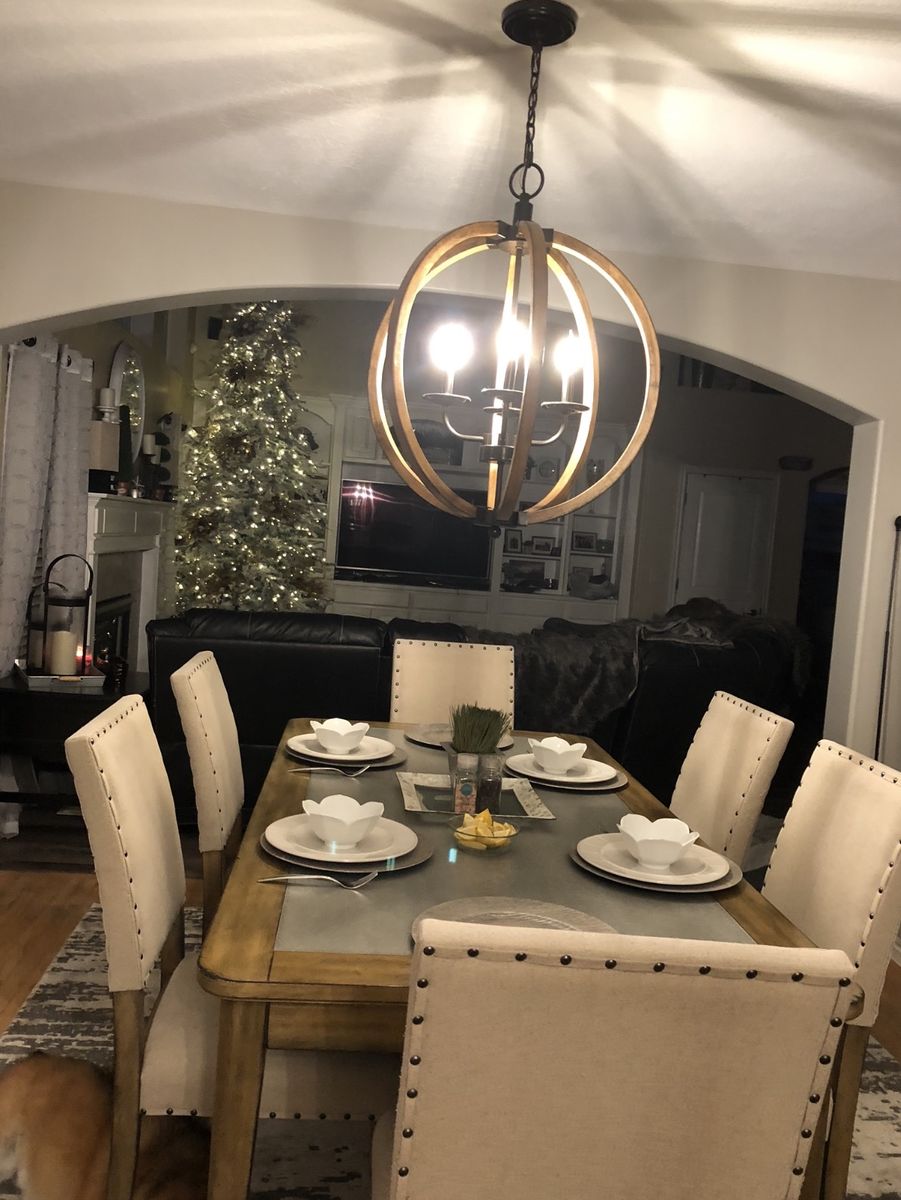 Dining Table Set with 6 Upholstered Chairs - Wooden Table with cement inlay, Nailhead Trim