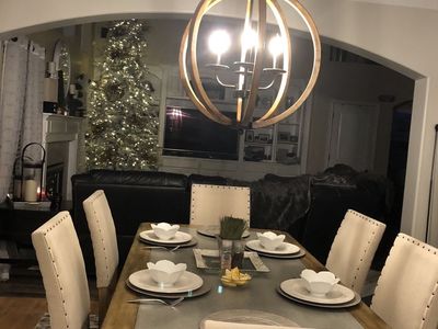 Dining Table Set with 6 Upholstered Chairs - Wooden Table with cement inlay, Nailhead Trim