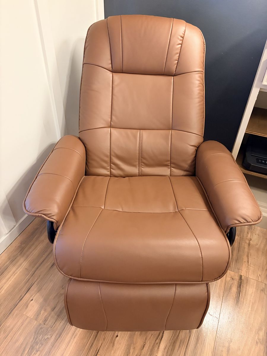 Modern Brown Faux Leather Swivel Recliner Chair with Wood Base