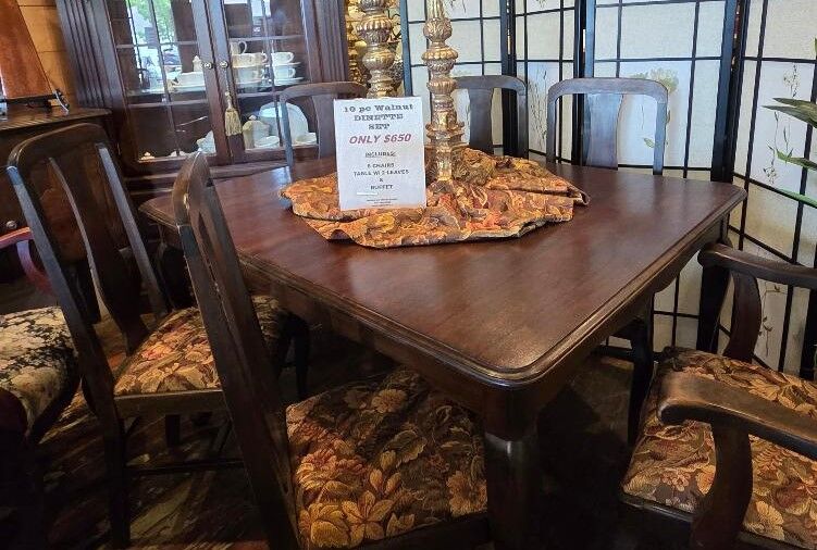 PRICE REDUCED: GOING, GOING, GONE? LAST CHANCE. Stunning Antique Walnut Dining Table and Buffet Seat 6-10