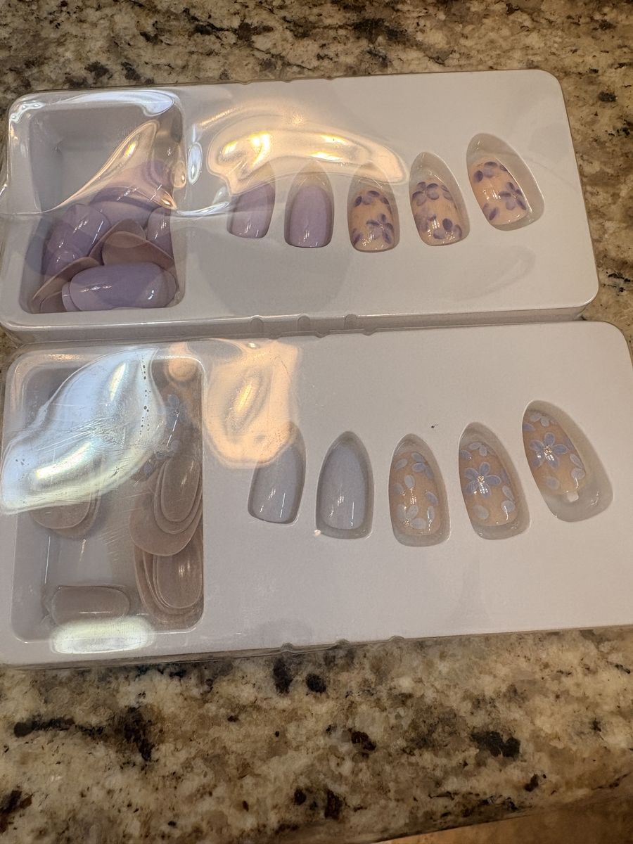 Floral Press-On Fake Nails Sets - Purple and Blue Almond Shape (2 Packs)