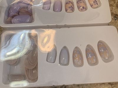 Floral Press-On Fake Nails Sets - Purple and Blue Almond Shape (2 Packs)