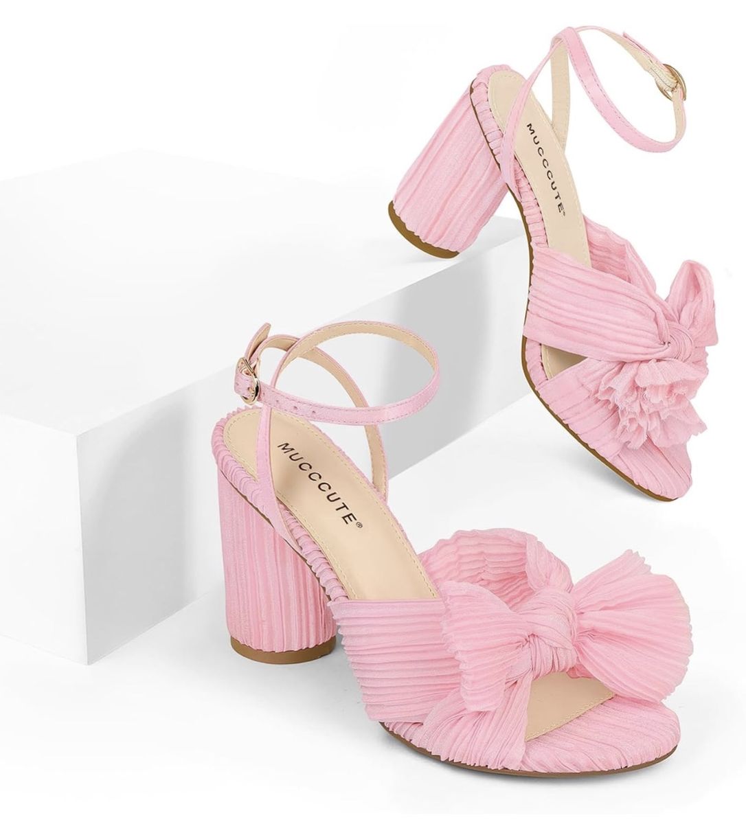 MUCCUCUTE Women's Pink Pleated Bow Block Heel Ankle Strap Sandals, Size 10