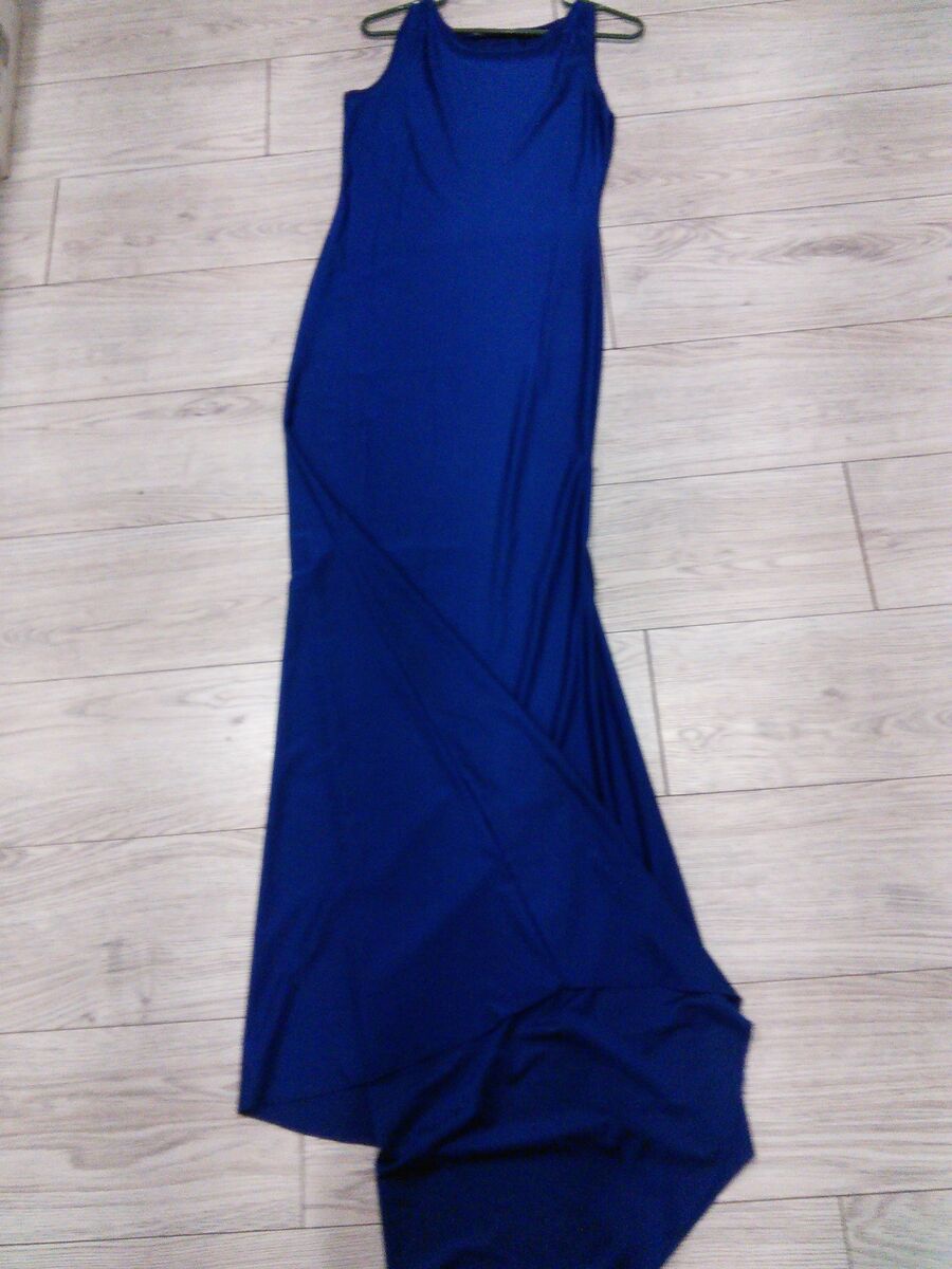 Chiffon, tight fitting, dark blue, size large, extra long, sleeveless women's dress.