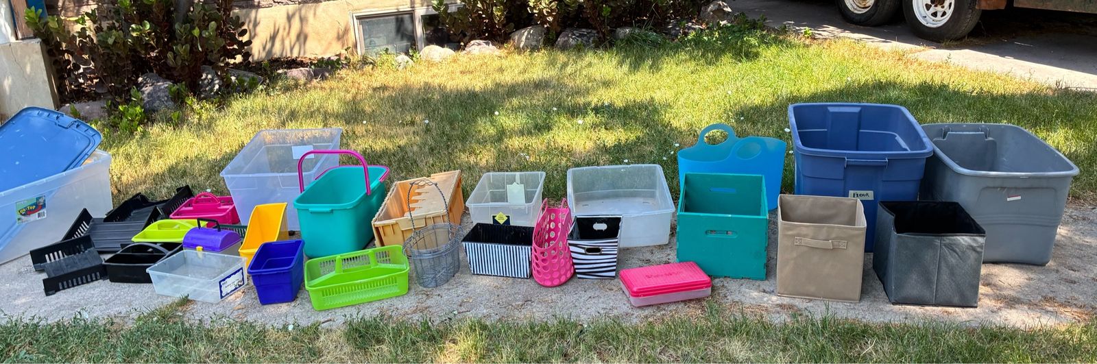 Free free free… must take all….Assorted Plastic and Fabric Storage Bins and Totes Assorted Plastic Storage Bins, Baskets, Totes,
