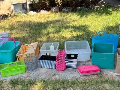 Free free free… must take all….Assorted Plastic and Fabric Storage Bins and Totes Assorted Plastic Storage Bins, Baskets, Totes,
