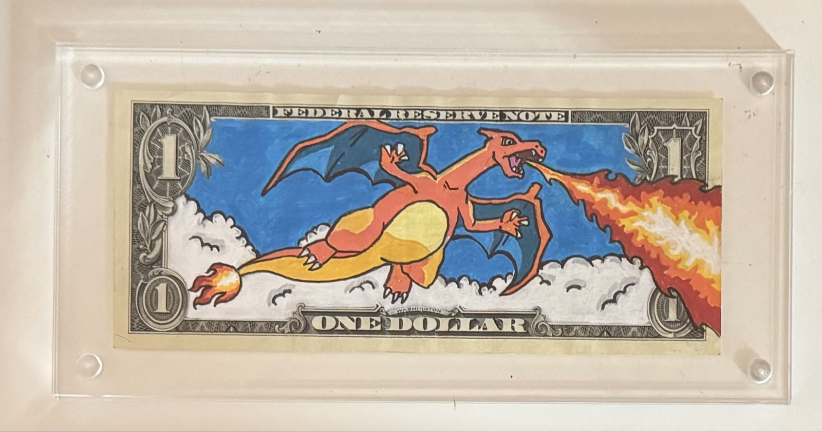 Charizard Custom Painted on Real One Dollar Bill