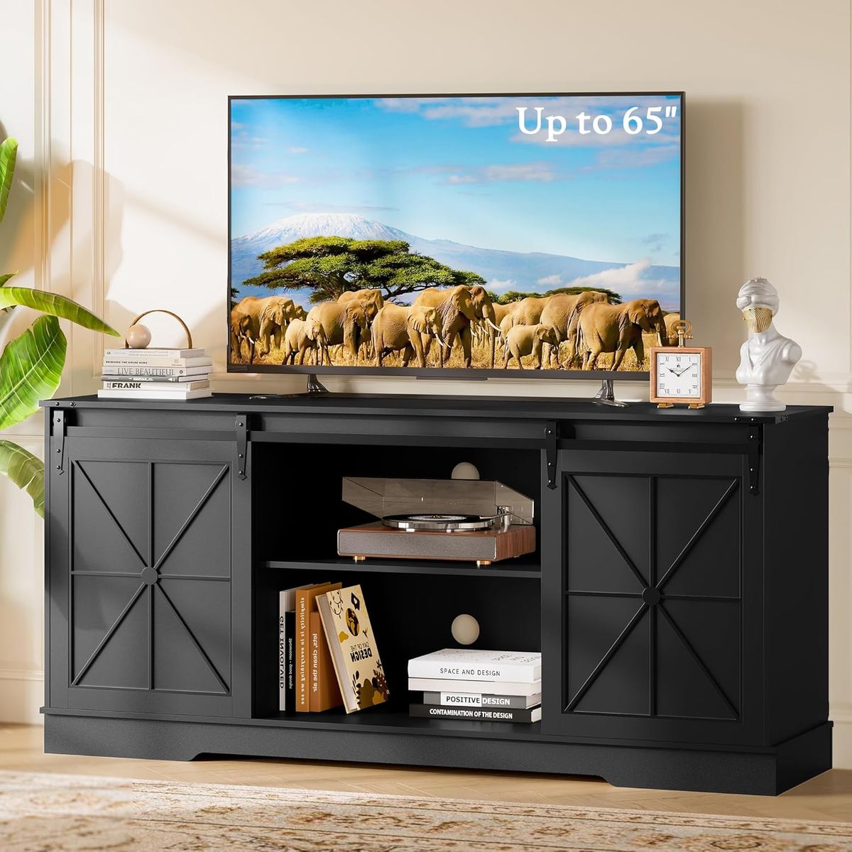 TV Stand for 55 60 65 Inch TV, Farmhouse Entertainment Center with Storage & Sliding Barn Doors, Easy Assembly