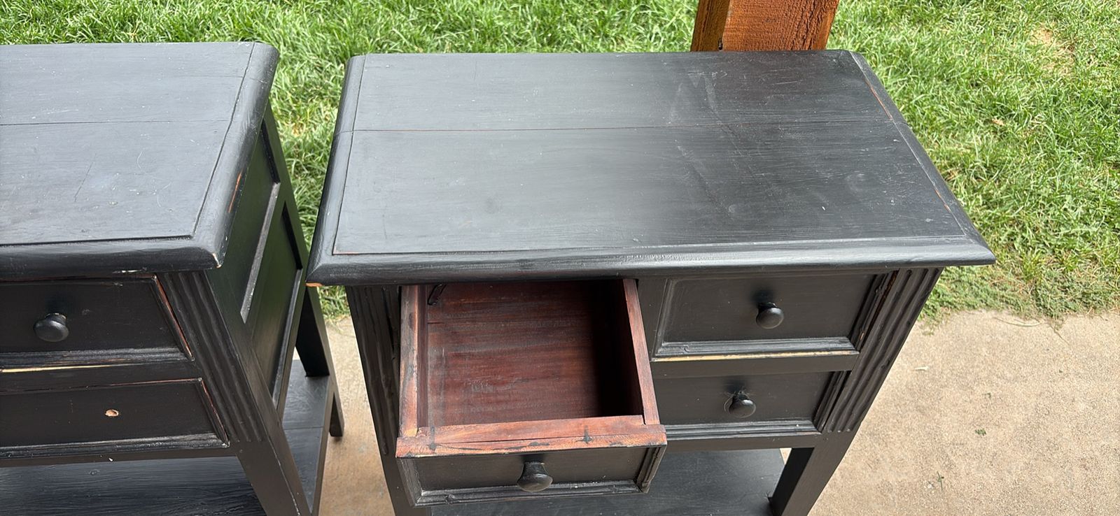 Pair of Black Wooden Nightstands with Drawers and Lower Shelf