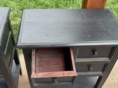 Pair of Black Wooden Nightstands with Drawers and Lower Shelf