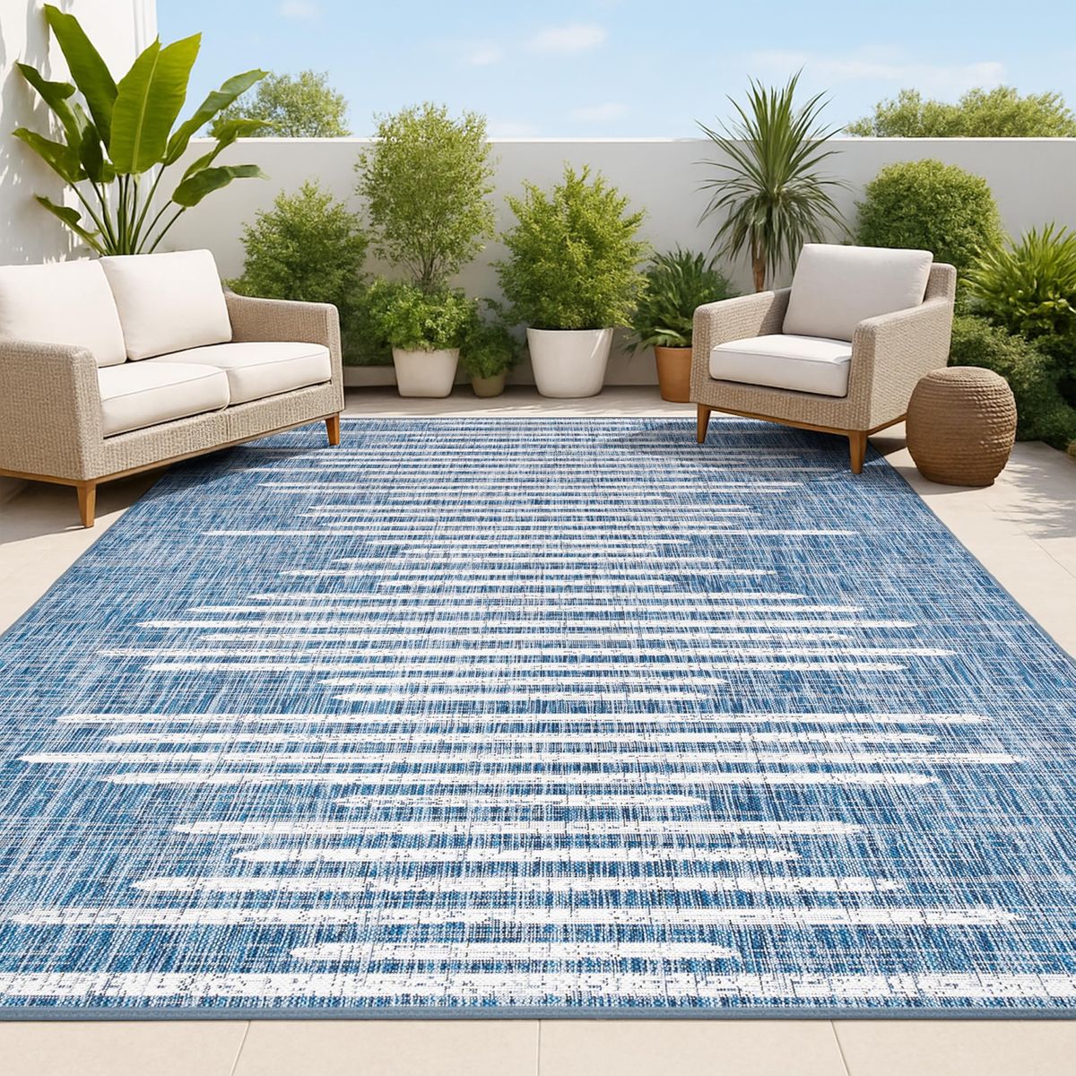 JONATHAN Stripe Geometric Indoor Outdoor Area Rug 8X10 Blue/Ivory, Zolak Berber for Backyard, Patio, Porch, Easy-Cleaning, new!