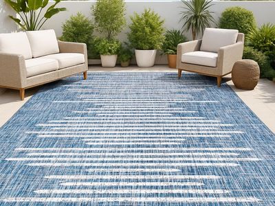 JONATHAN Stripe Geometric Indoor Outdoor Area Rug 8X10 Blue/Ivory, Zolak Berber for Backyard, Patio, Porch, Easy-Cleaning, new!