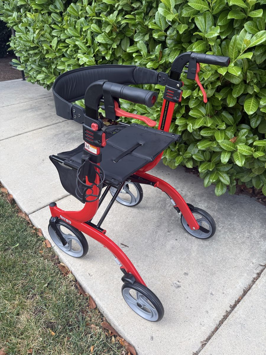 Drive Medical Nitro Rollator Walker - Red, All-Terrain Wheels, Folding, Seat, Backrest, Bag