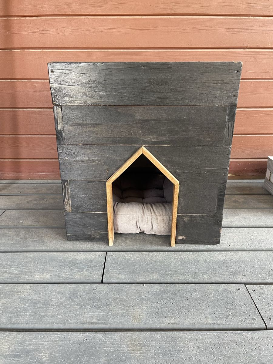 Handmade Wooden Pet House - Small Dog/Cat Shelter with Removable Cushion, Charcoal Finish