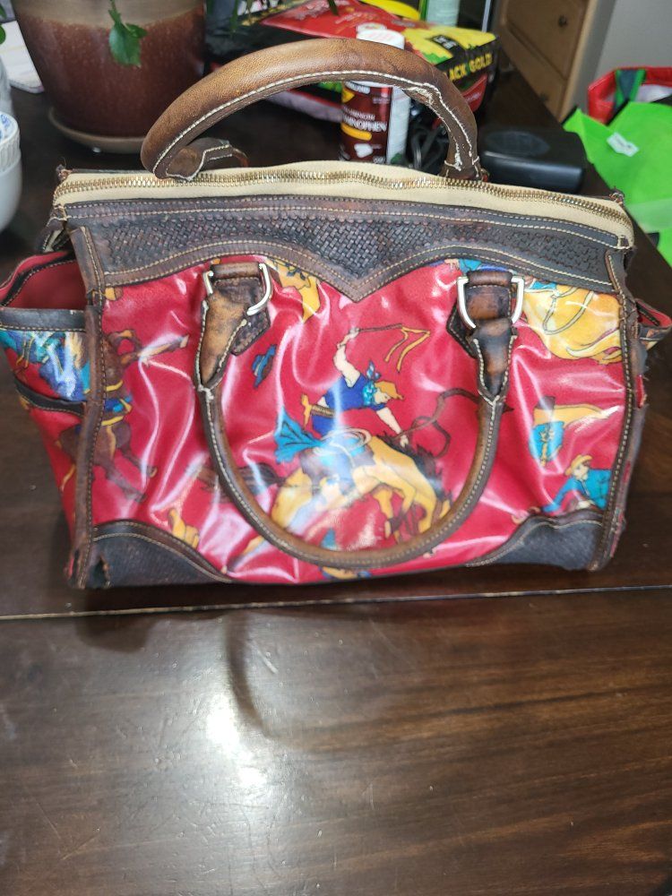 Red Rodeo Western Themed Handbag with Leather Trim & Handles very worn
