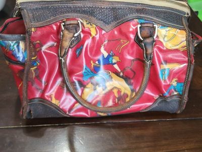 Red Rodeo Western Themed Handbag with Leather Trim & Handles very worn