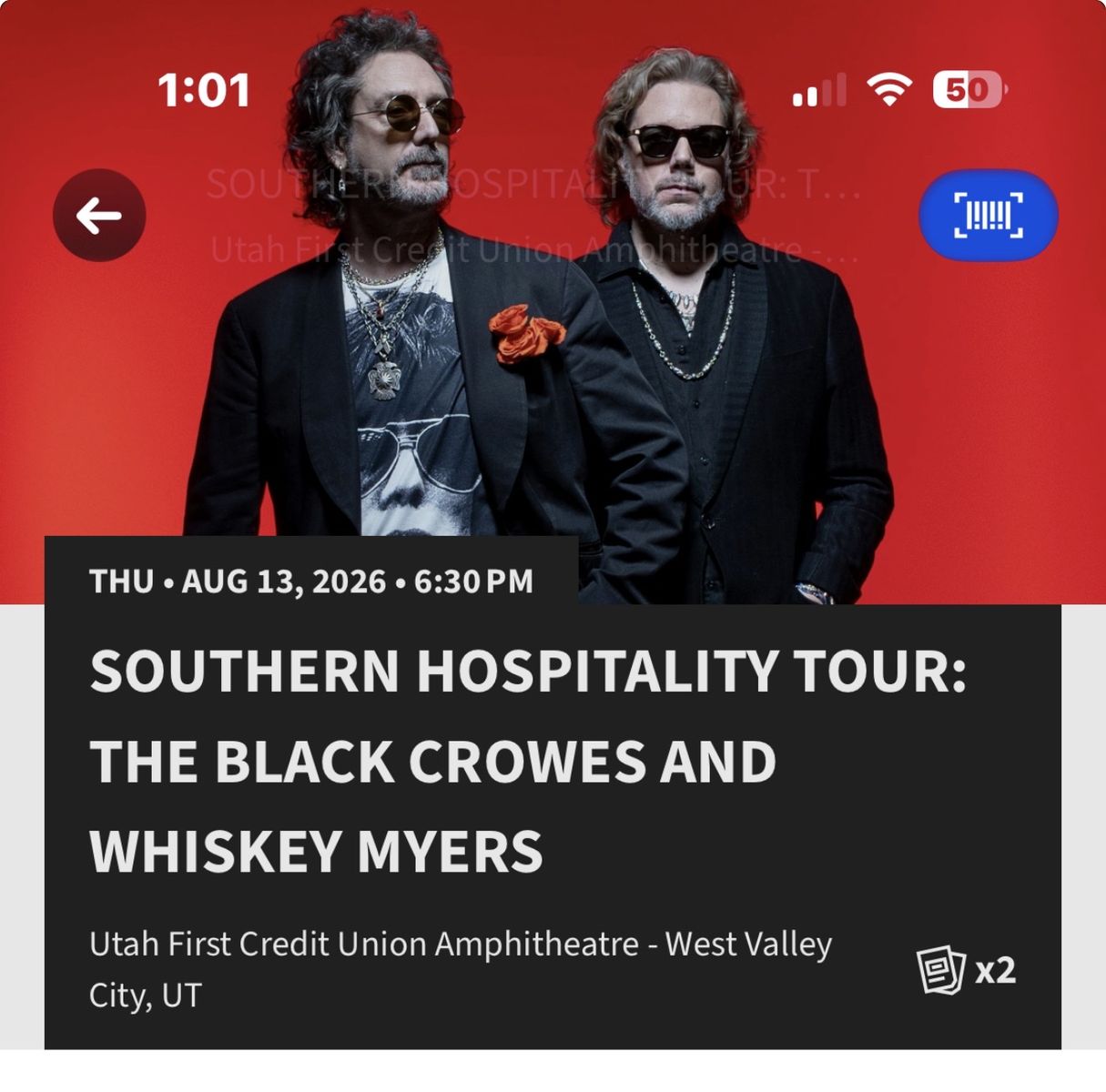2 Tickets: Whiskey Myers & The Black Crowes - 8.13.2026 @ Utah First Credit Union Amphitheatre