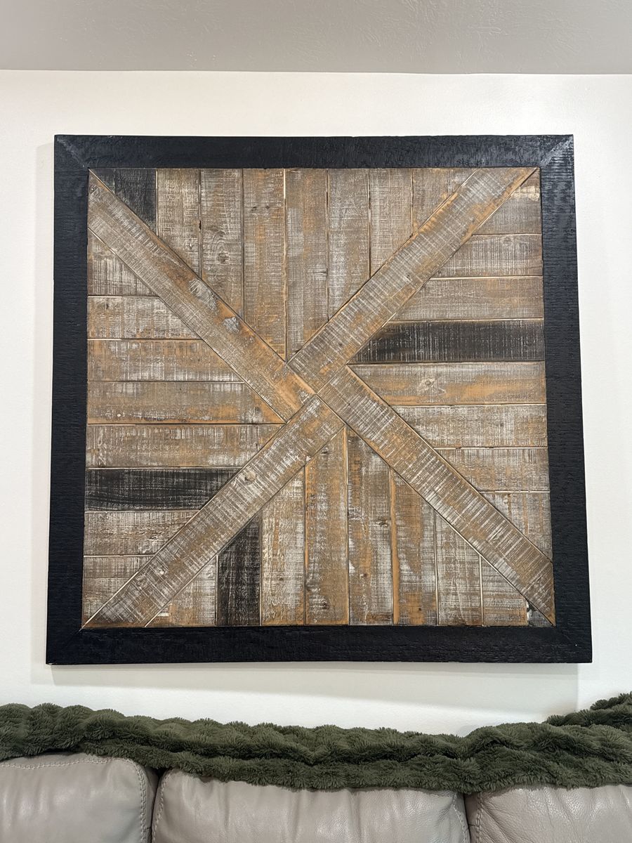 Rustic Wooden Geometric Mosaic Wall Art Piece with Black Frame