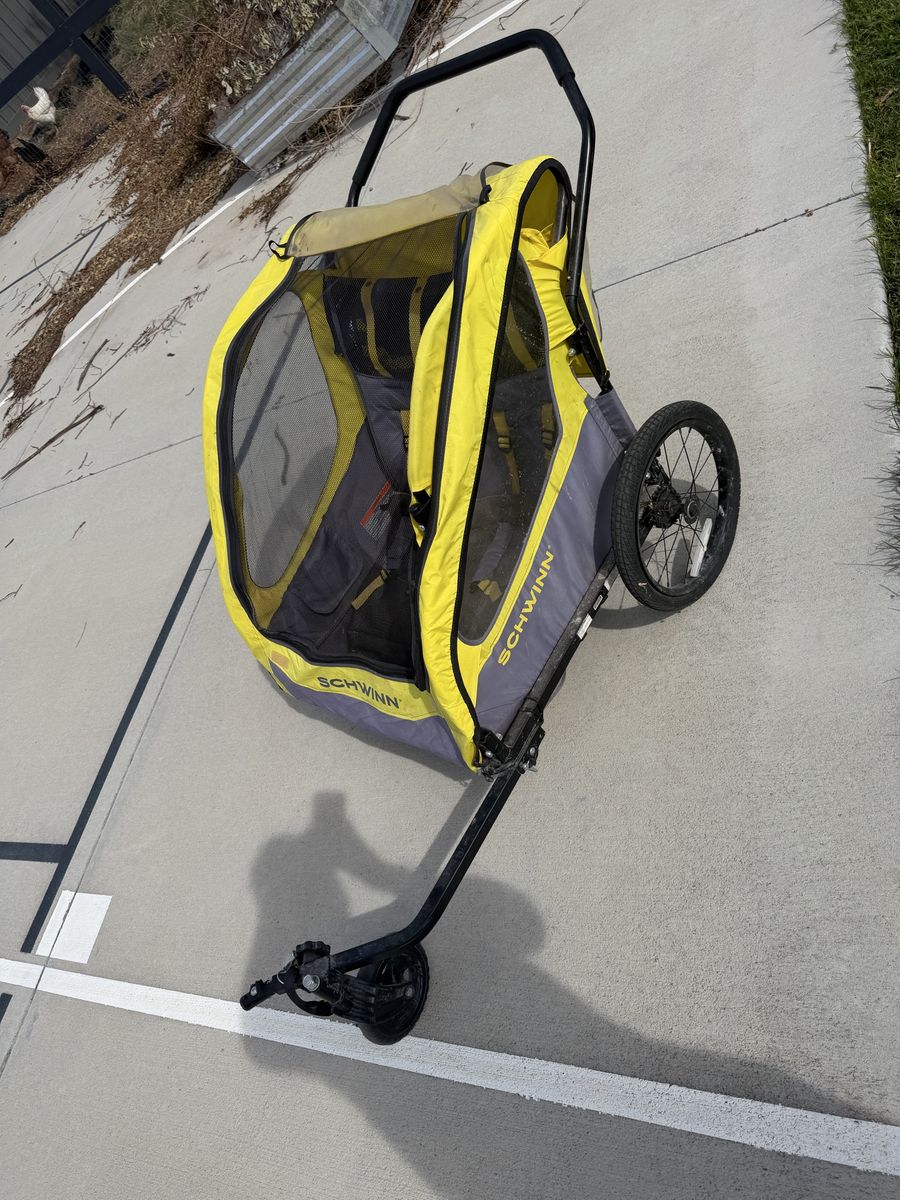2 seat Schwinn Yellow and Grey Child Bike Trailer and Stroller for twins