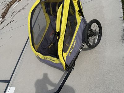 2 seat Schwinn Yellow and Grey Child Bike Trailer and Stroller for twins