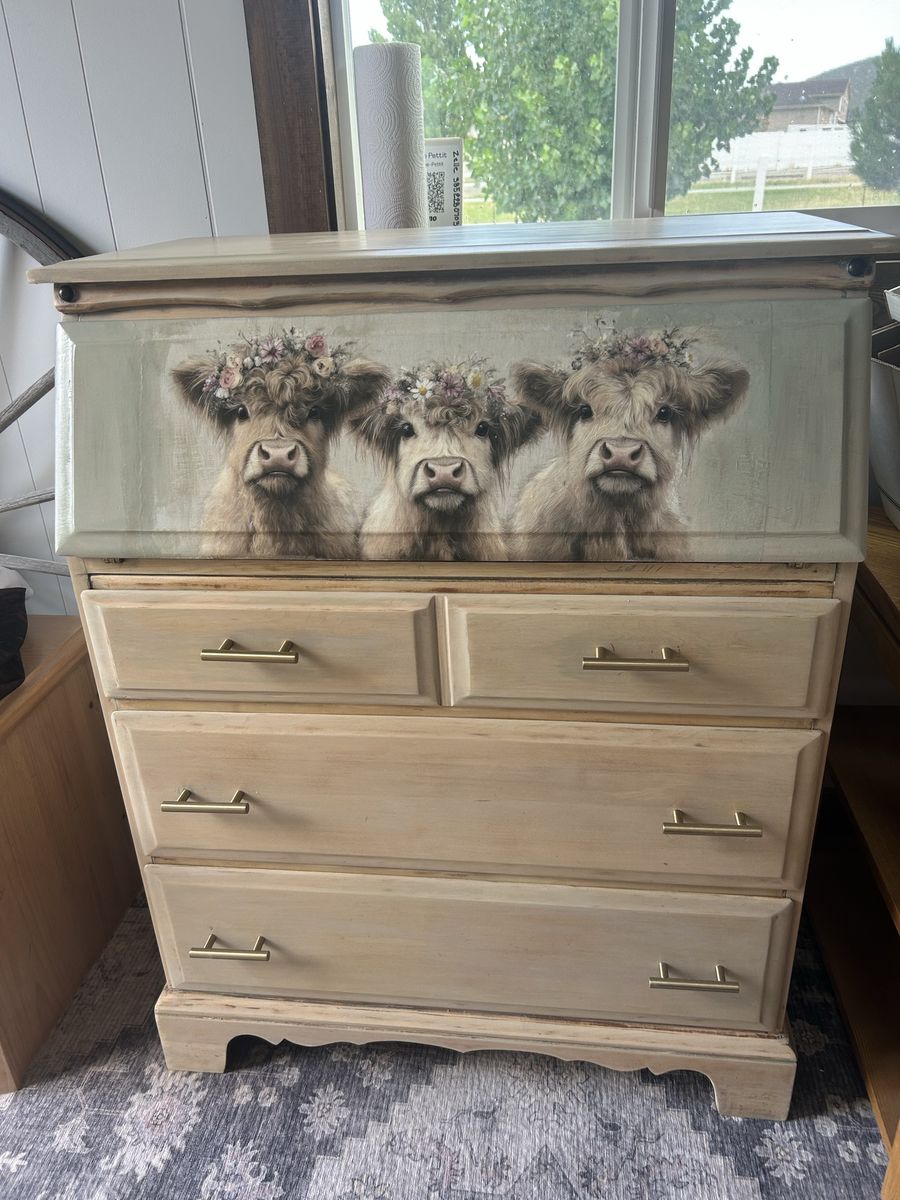 Rustic Wooden Dresser with Highland Cow Floral Print Top & Gold Hardware