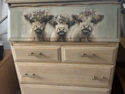 Rustic Wooden Dresser with Highland Cow Floral Print Top & Gold Hardware