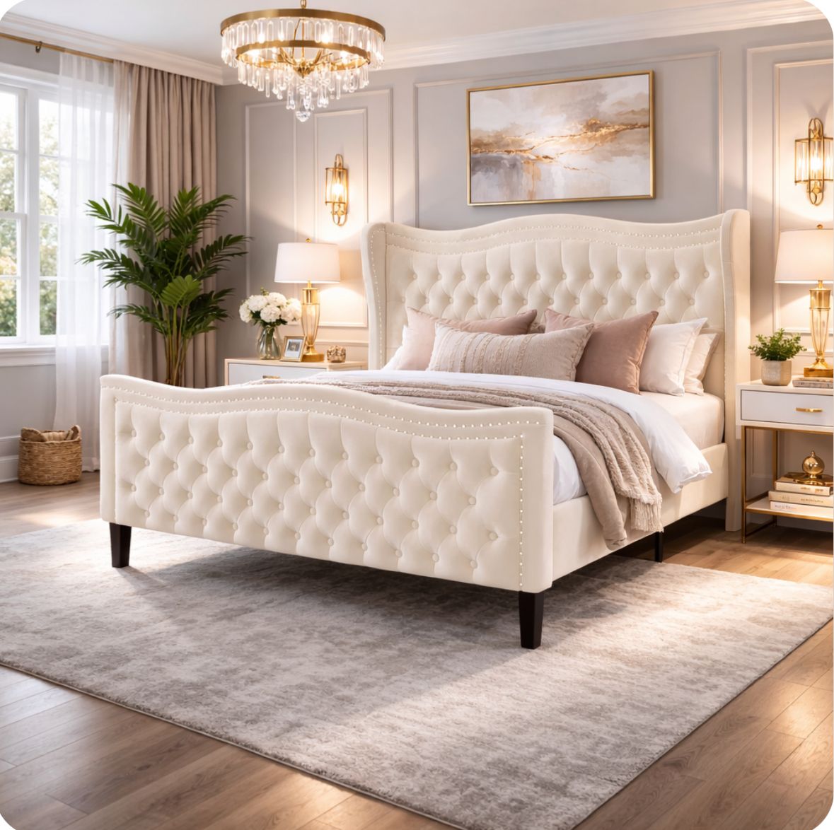 NEW High End Queen Bed Upholstered & tufted