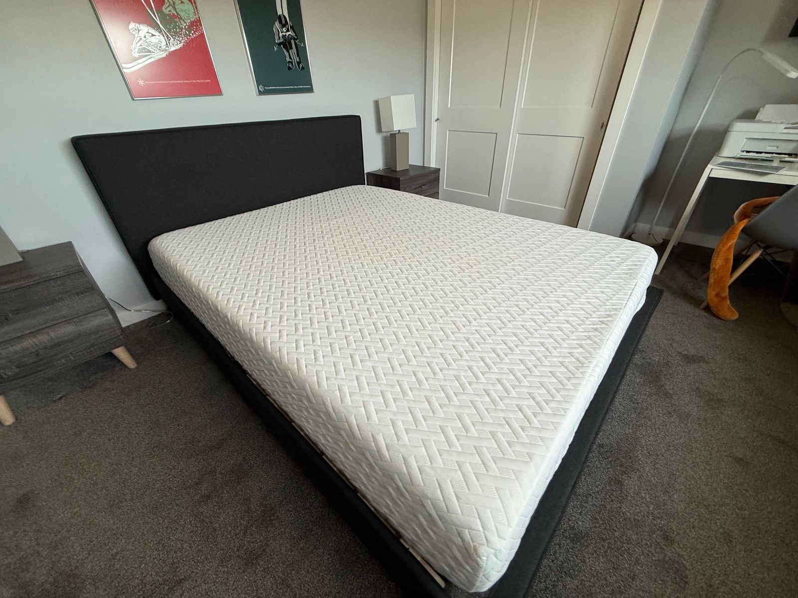 Queen Memory Foam Mattress + Modern Upholstered Bed Frame – $175