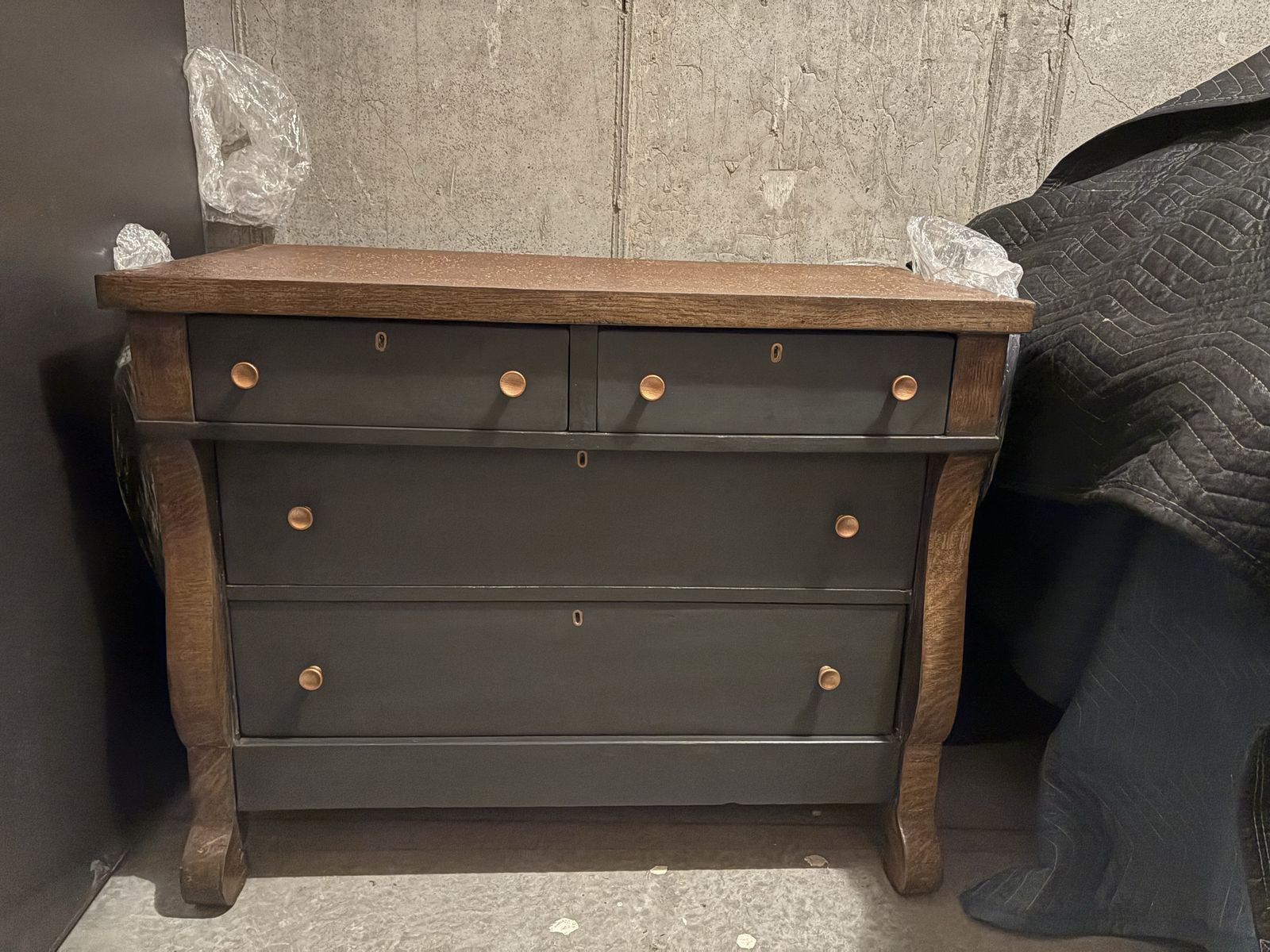 Vintage Wooden Empire Style Dresser with Textured Metallic Copper Top
