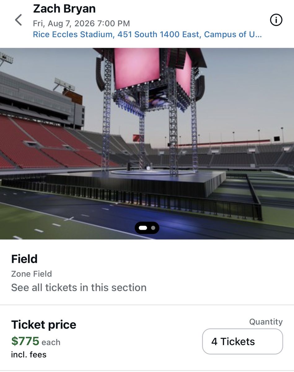 2 Zach Bryan Floor Seats - Rice Eccles Stadium - Aug 7, 2026 - Zone Field Tickets