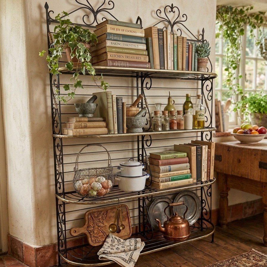 Vintage Baker's Rack w/ Scrollwork + Brass Detail