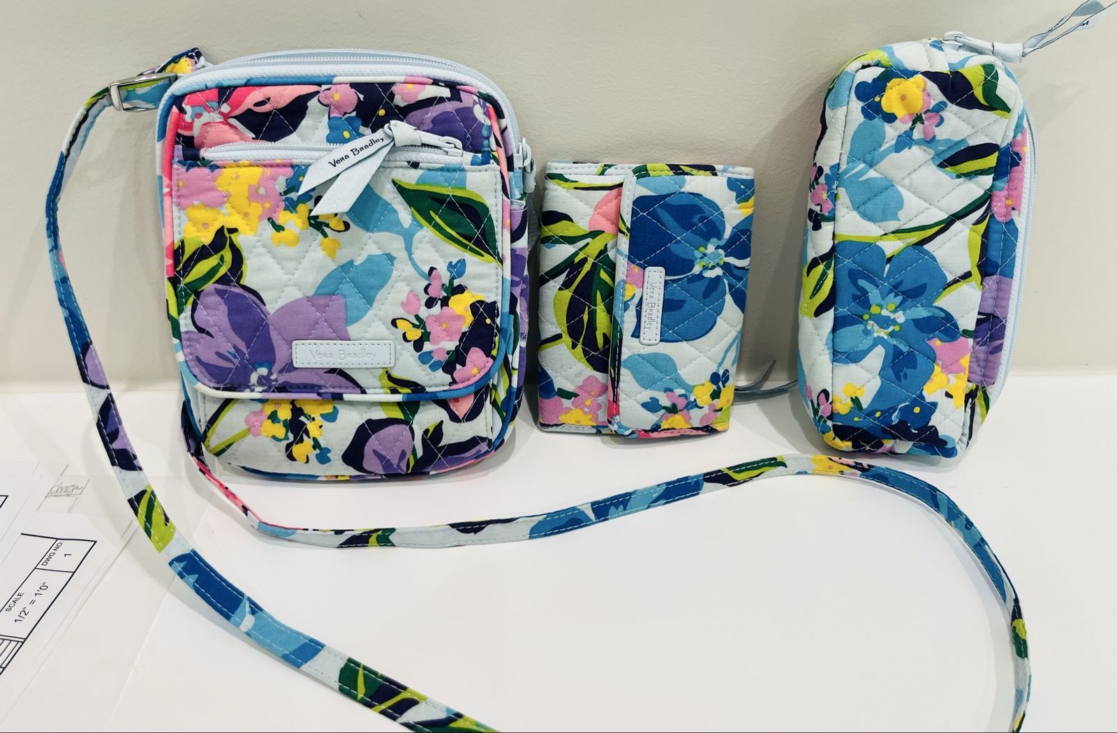 Vera Bradley Lighten Up Small Crossbody Bag, Wallet, and makeup Case -Floral Pastel Set