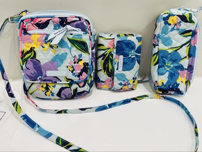 Vera Bradley Lighten Up Small Crossbody Bag, Wallet, and makeup Case -Floral Pastel Set