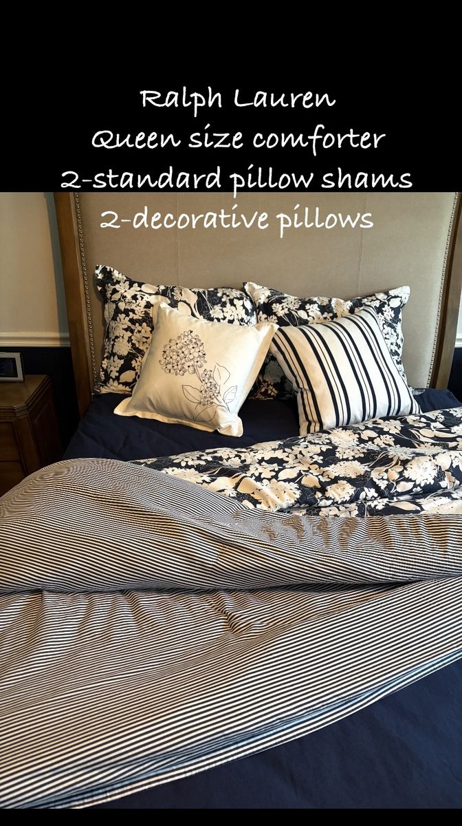 Ralph Lauren Queen Size Comforter Set - Floral/Stripe Pattern, 2 Standard Shams, 2 Decorative Pillows