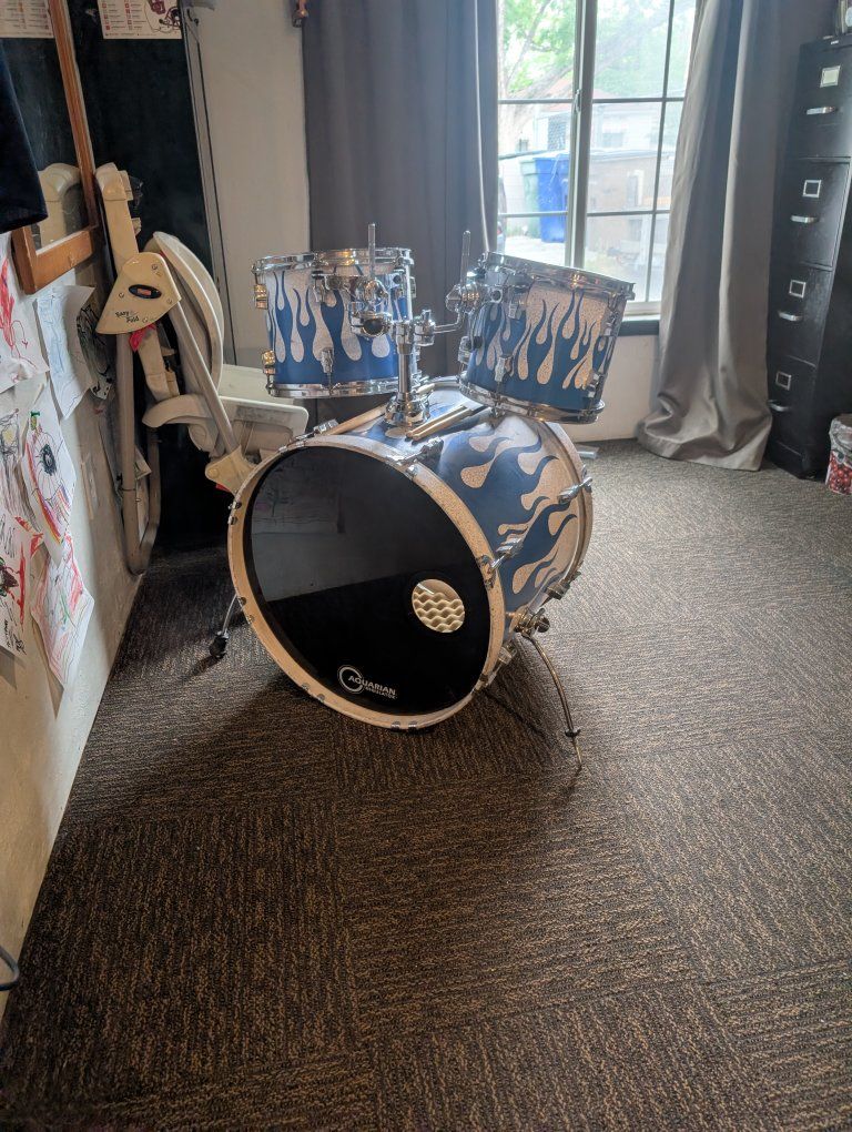 Blue Flame Drum Set - 3-Piece Kit with Bass Drum and 2 Toms.
