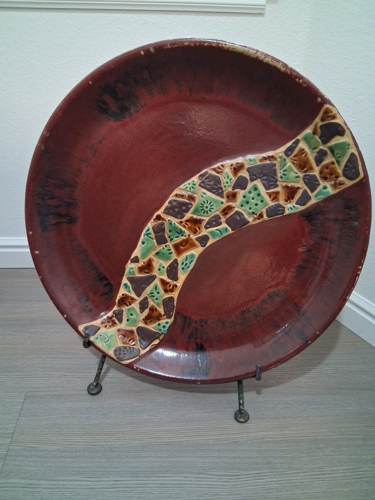 Large Handmade Ceramic Decor Plate with Mosaic Inlay - Burgundy Red, Green & Brown, Unique Art Piece