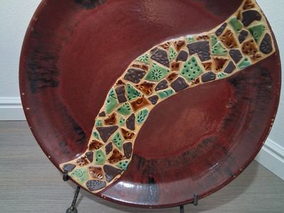 Large Handmade Ceramic Decor Plate with Mosaic Inlay - Burgundy Red, Green & Brown, Unique Art Piece