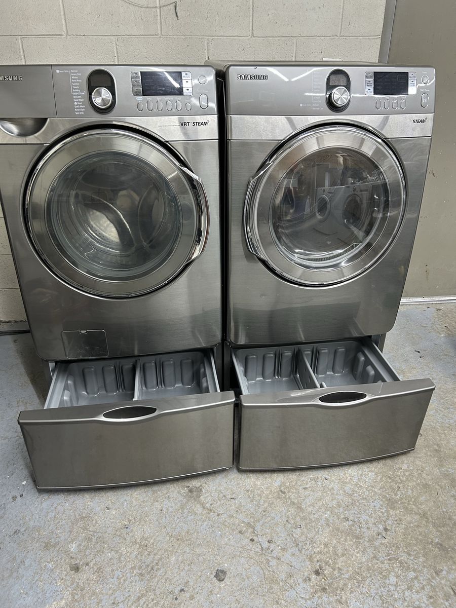 Samsung stainless washer and dryer with pedestals 