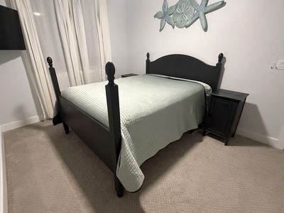Solid Wood Charcoal Queen Bed, Mattress, & Boxspring and 2 matching Nightstands