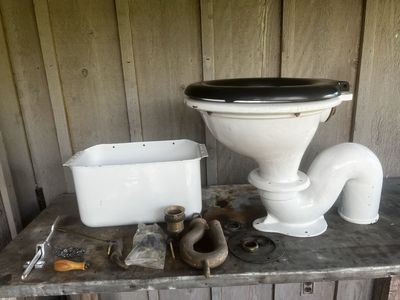 Vintage Cast Iron High Tank Toilet Bowl & Cistern - White & Black, Complete Set