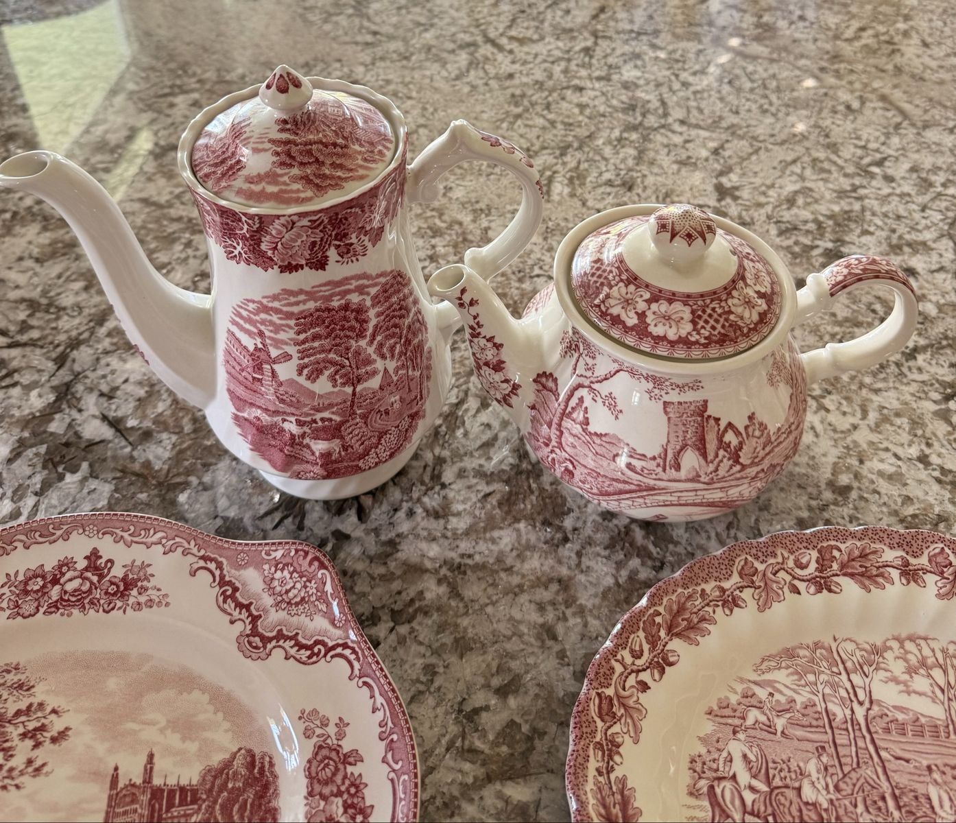 Vintage Red Tea Pots and Plates Set