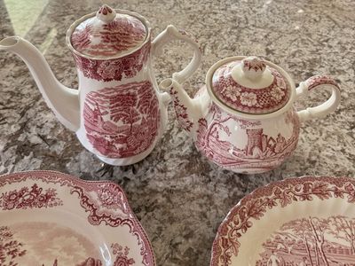 Vintage Red Tea Pots and Plates Set