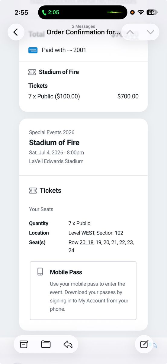Up to 7 Stadium of Fire Tickets - Sat, Jul 4, 2026 - BYU LaVell Edwards Stadium, Sec 102 row 20
