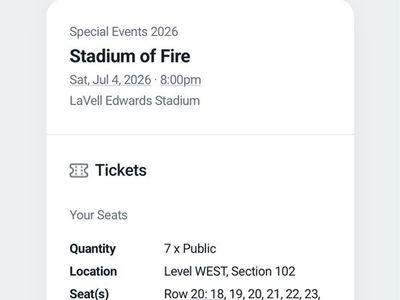 Up to 7 Stadium of Fire Tickets - Sat, Jul 4, 2026 - BYU LaVell Edwards Stadium, Sec 102 row 20