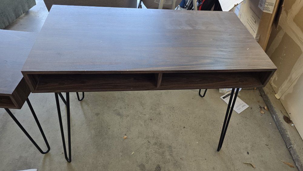 Mid-Century Modern Wood Desk & End Table Set - Dark Brown Finish with Hairpin Legs