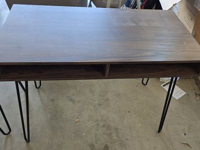 Mid-Century Modern Wood Desk & End Table Set - Dark Brown Finish with Hairpin Legs