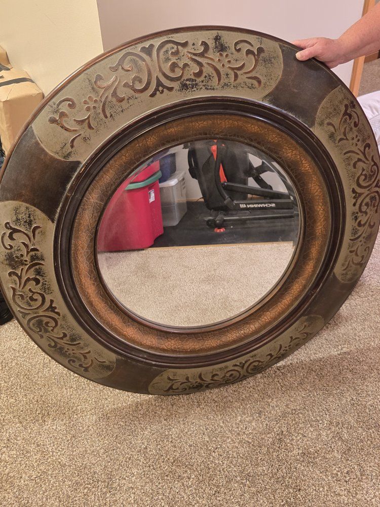 Large Round Ornate Wall Mirror - Distressed Brown/Bronze/Gold/GreenFinish