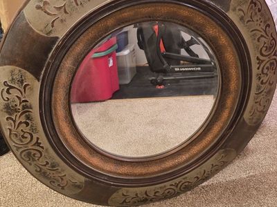 Large Round Ornate Wall Mirror - Distressed Brown/Bronze/Gold/GreenFinish